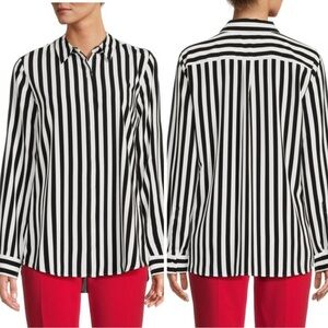 Karl Lagerfeld Paris Black White Striped Button Up Down Long Sleeve Blouse S
